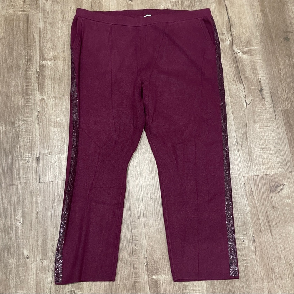 NWOT Chico's Burgundy Cashmere Blend Sequin Stripe Knit Pants 4R XXL Plus Size